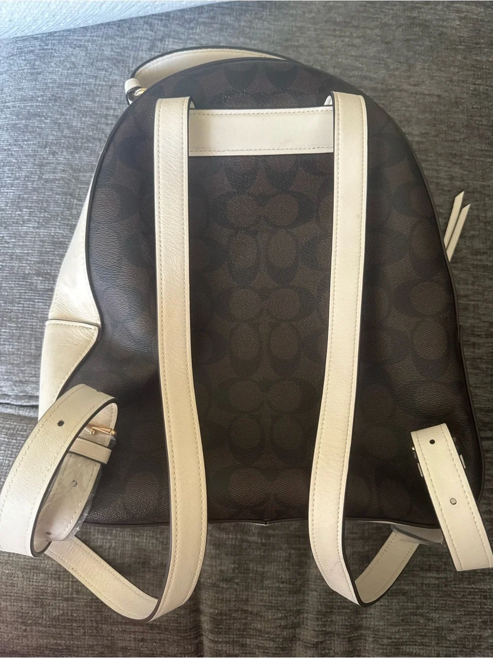 Coach Brown Signature Canvas Backpack with Cream Trim and Burgundy Zip